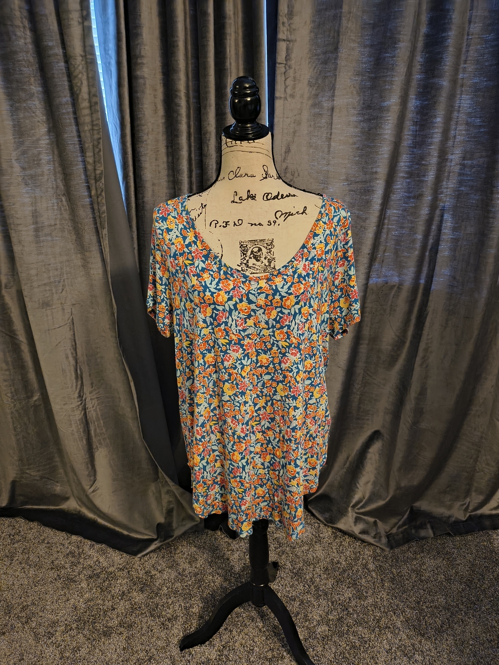 Lane Bryant Blue Floral Scoop Neck Tunic with Orange Accents